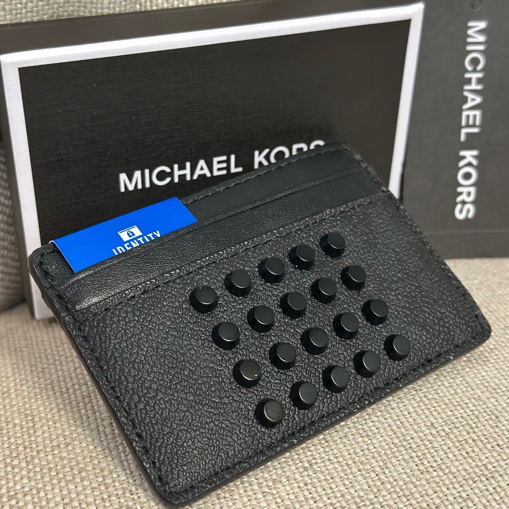 NEW Michael Kors MK Signature Jet Set Men Card Case w/ RFID Gunmetal Black NIB